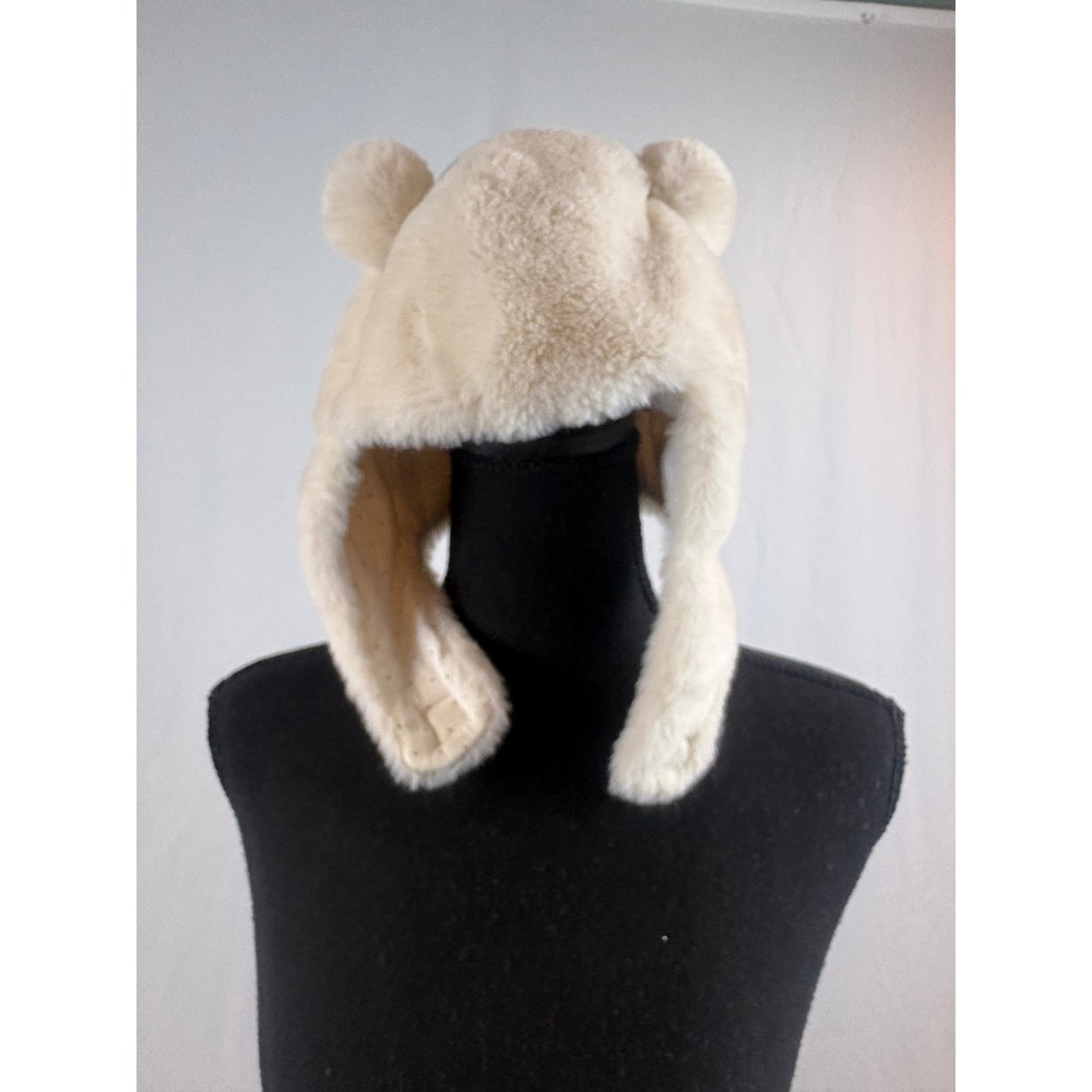 Zara Faux Fur Bear Ear‎ Trapper Hat Cream Ivory Polka Dot Lining Winter  52 CM